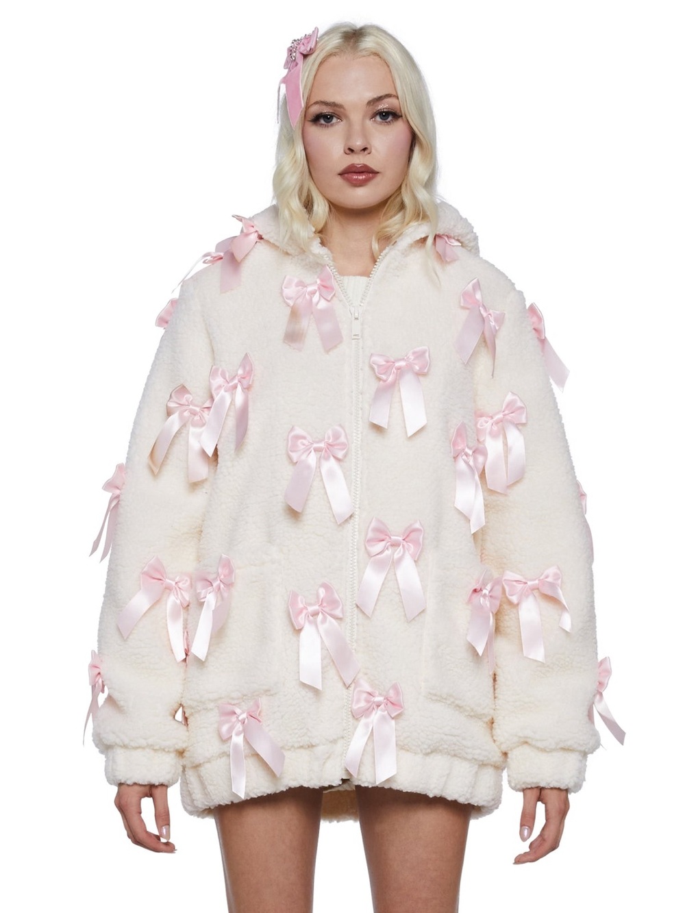 Cozy Ivory Sherpa Zip Hoodie with Pink Ribbon Bows